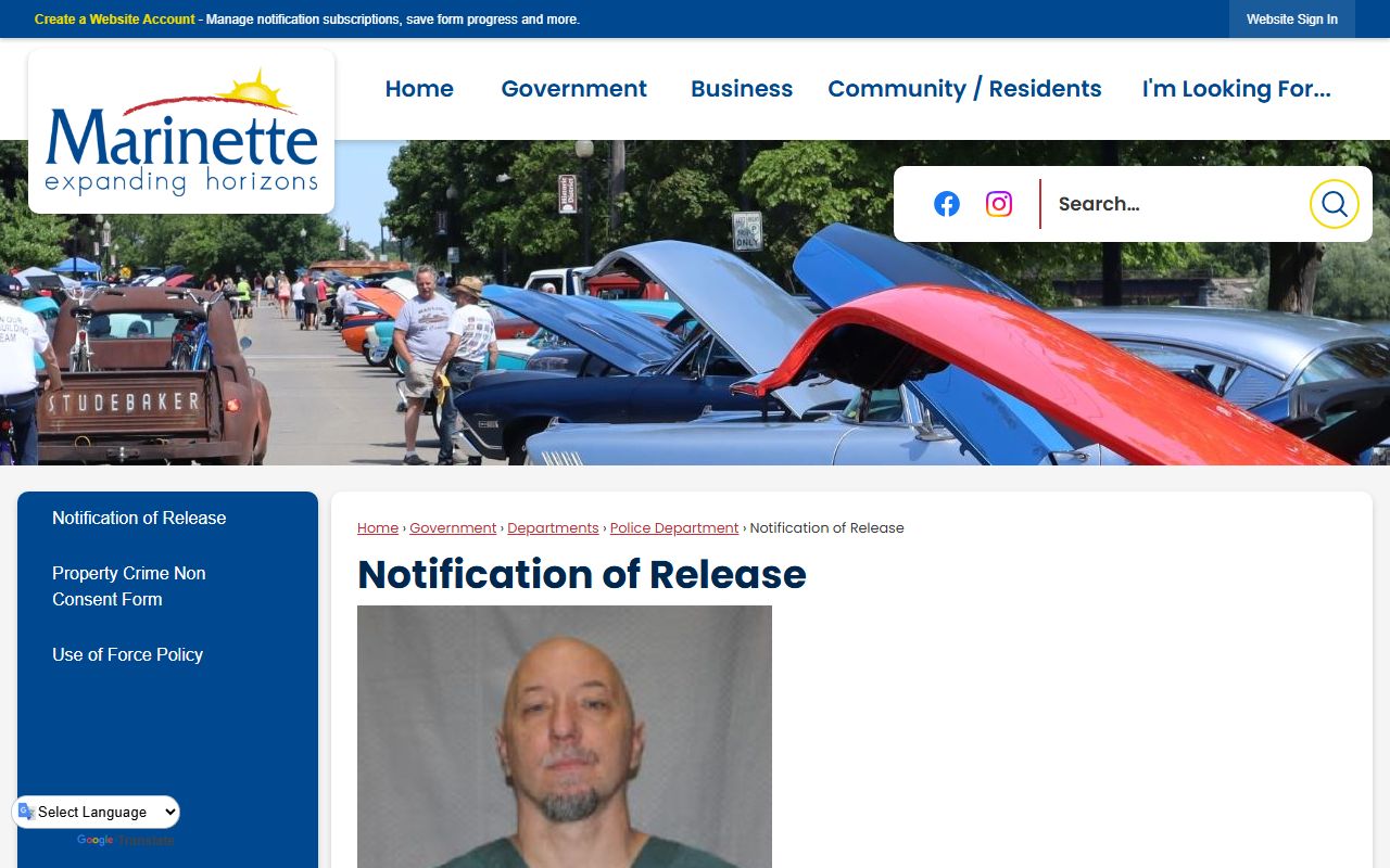 Marinette County sex offenders notification of release page