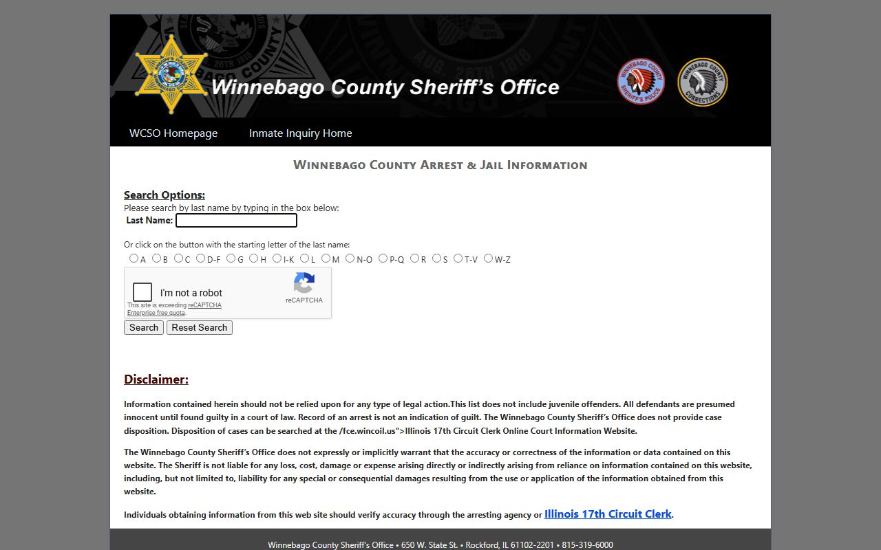 Winnebago County sex offenders inmate locator page