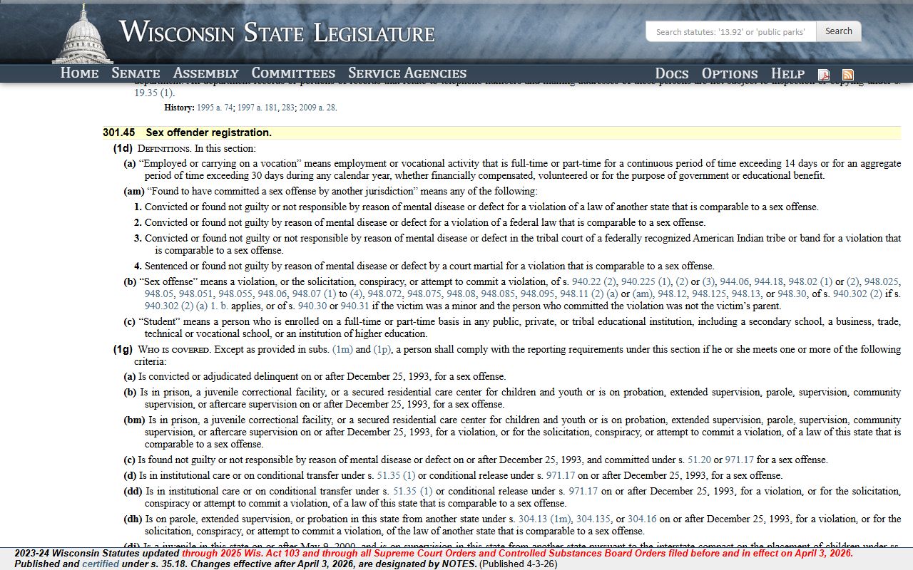Wisconsin sex offenders statute 301.45 page