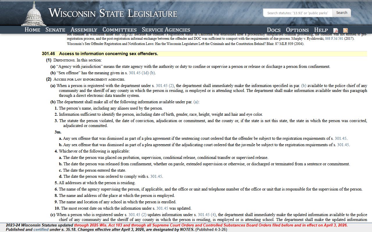 Wisconsin sex offenders statute 301.46 page