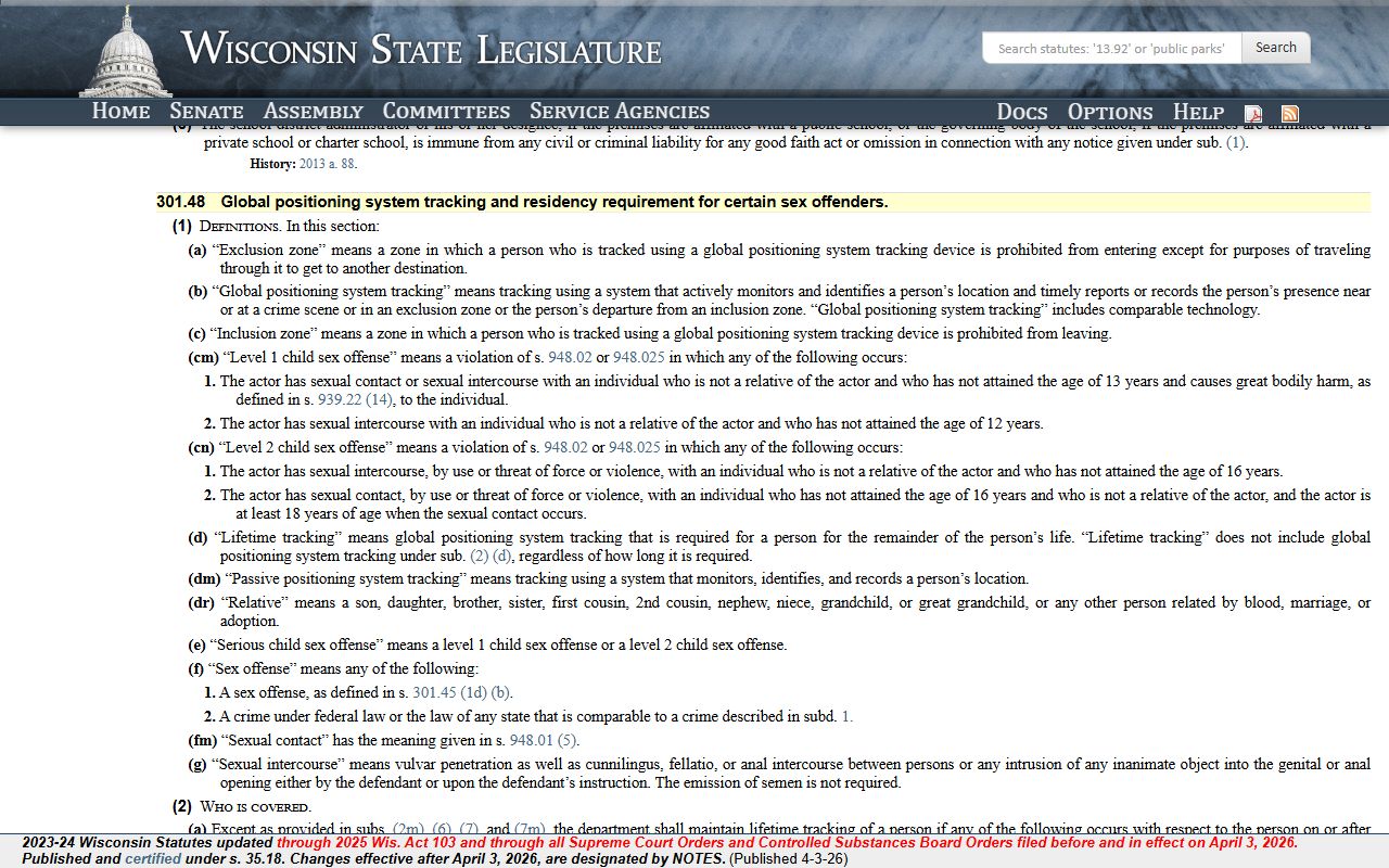 Wisconsin sex offenders statute 301.48 page